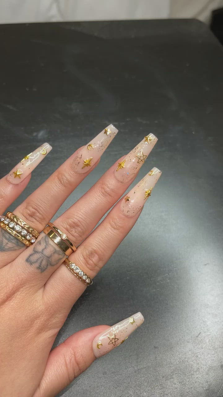 MTO - Manifest | Sheer nude and gold glitter stars moon design