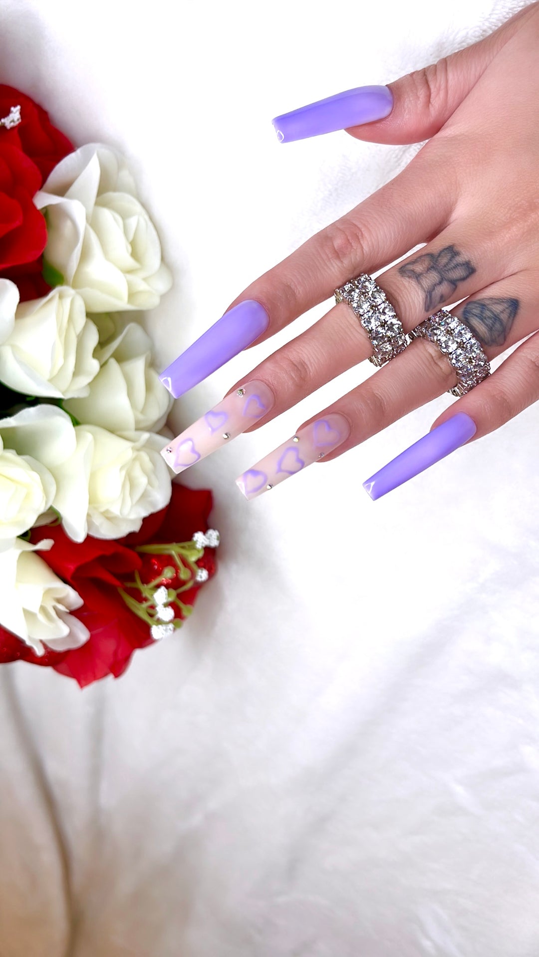 MTO - Play Date | Light Purple Lavender Heart Rhinestone Nail Design