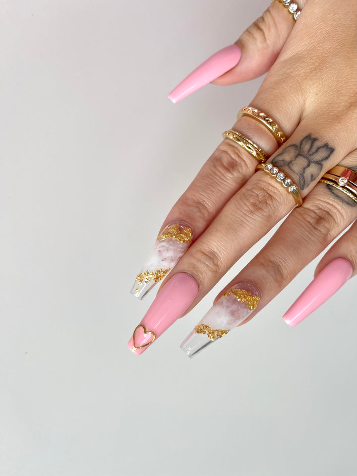MTO - Sweet Like Bubblegum | Pink Marble Gold Heart nails