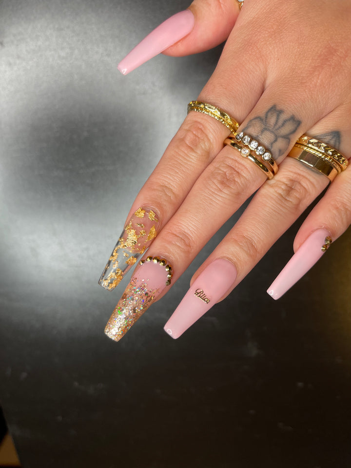 MTO - Baddie B | Sheer Nude Pink Gold Nail Design