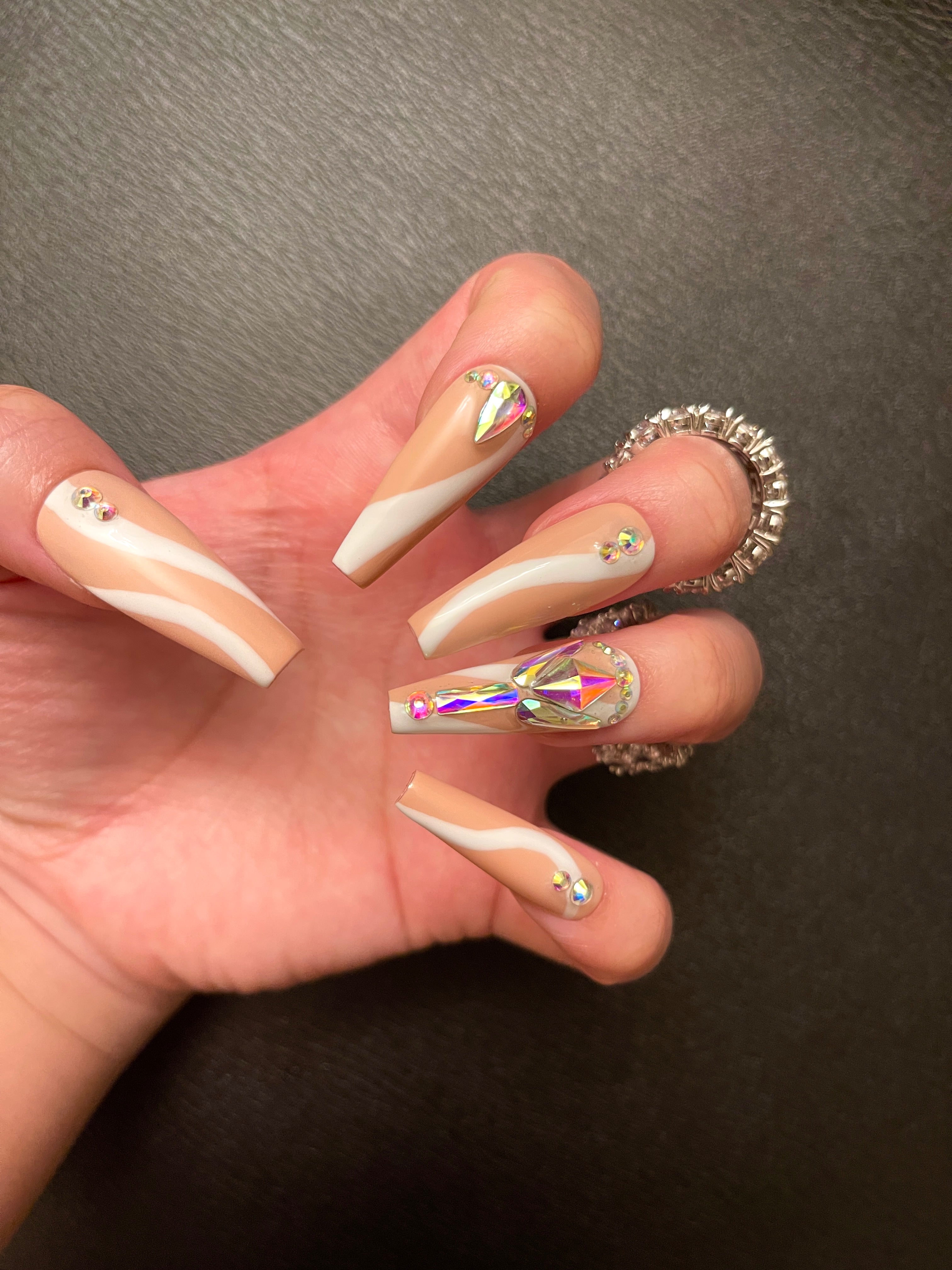 Beige Coffin shaped crystal designed acrylic nails – Vicariously Me |  Natural Hairstyles | Fashion | Beauty | Lifestyle Blog