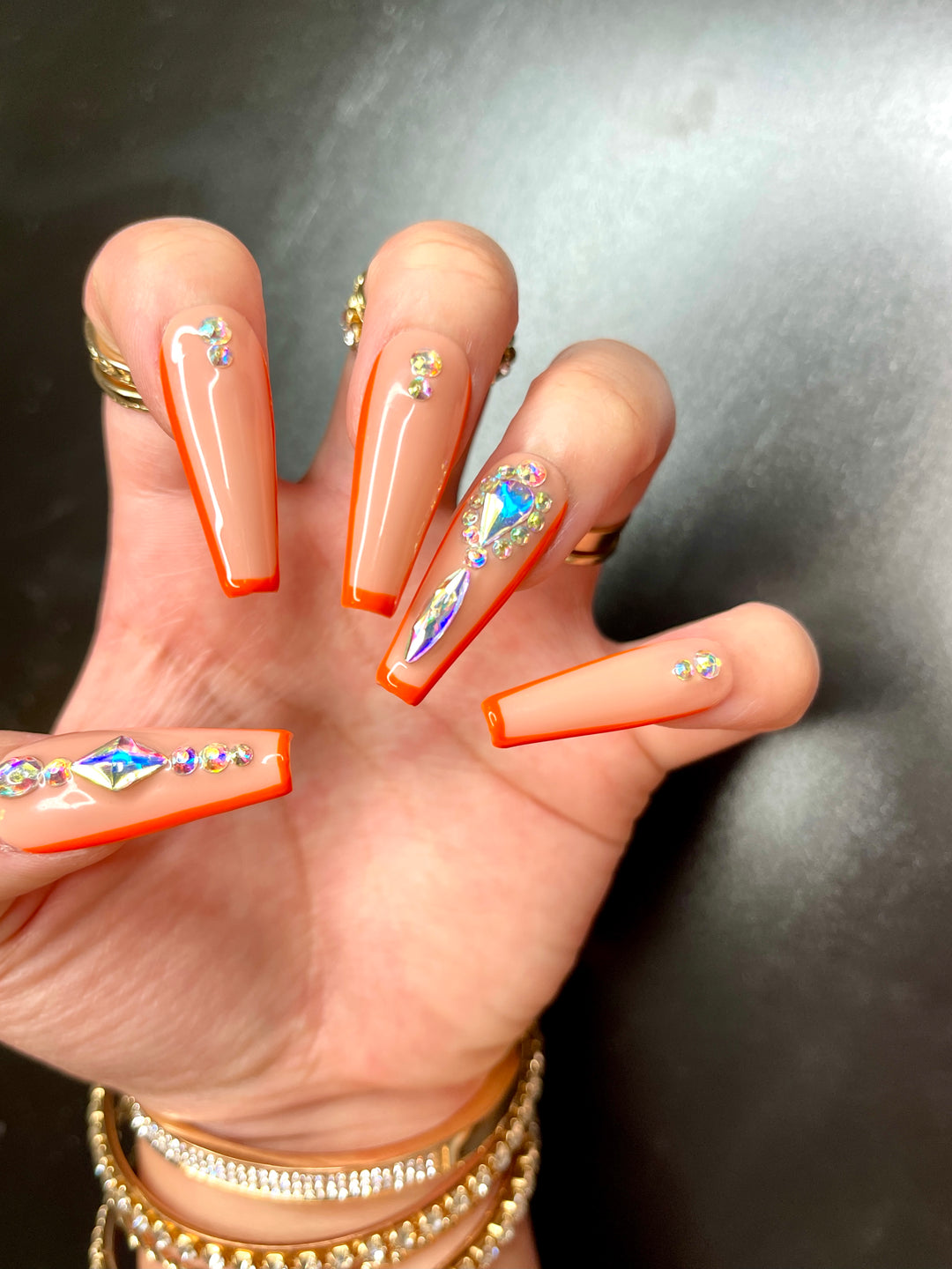 MTO - Cora | Bright orange outline rhinestone nails