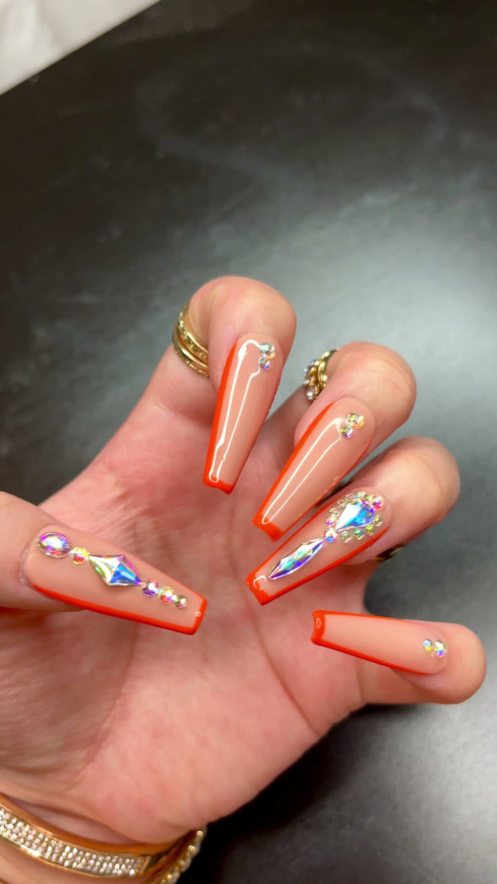 MTO - Cora | Bright orange outline rhinestone nails