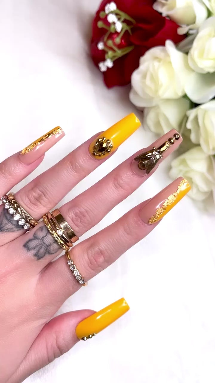 MTO - Queen Bee | Golden Yellow Glam Nail Design